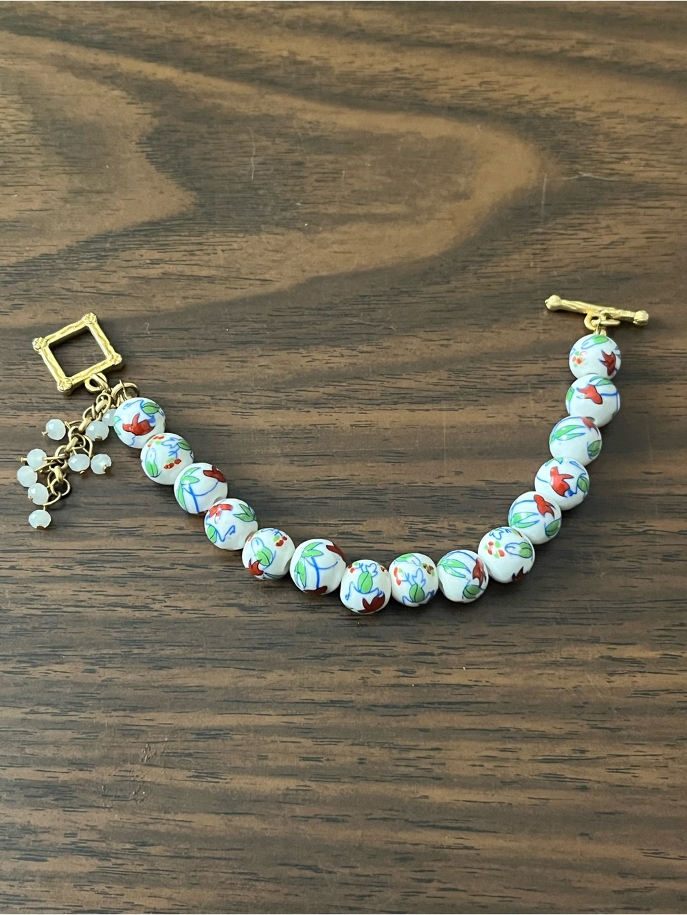 White Ceramic Painted Cloisonné Beaded Bracelet with Unique Toggle Clasp